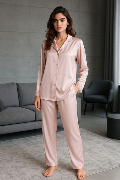 nisaNCa Luxury Boxed Satin Pajamas Set – Lace Sleeves, Long Sleeves, Korean Silk Texture, Dowry Gift Seçen