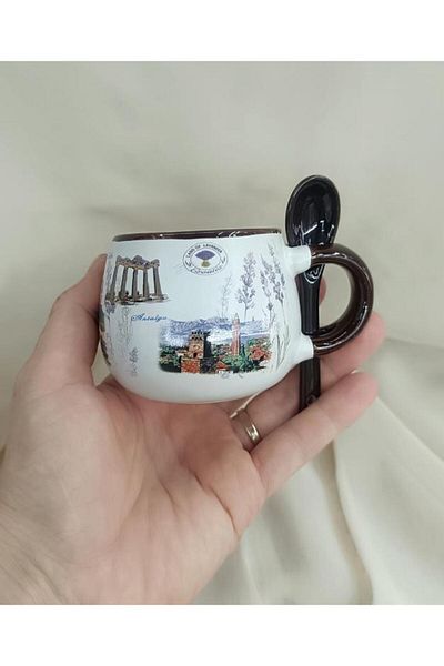 Hd Marketim Cup Mug Ceramic with Handle and Spoon 100 ml Local Soft Drink Water Coffee Glass Antalya with Image