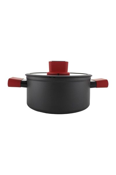 gogiva Saucepan, aluminum, non-stick, black, with glass lid and red silicone-wrapped handles, 3l, 21 cm