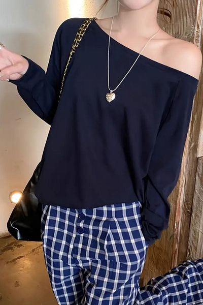 Tarz Cool Navy Blue Women's Off Shoulder Boat Neck Oversize Long Sleeve T-Shirt