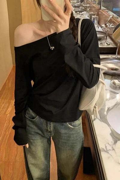 Tarz Cool Black Women's Off Shoulder Boat Neck Oversize Long Sleeve T-Shirt