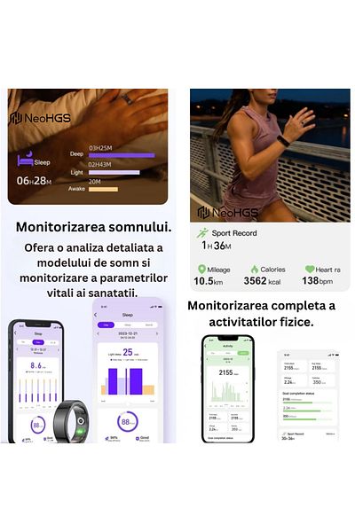 NeoHGS Inel inteligent, Inel inteligent, Fitness, Sport, Unisex, Bluetooth, Monitorizează ritmul cardiac, Oxigenul din sânge