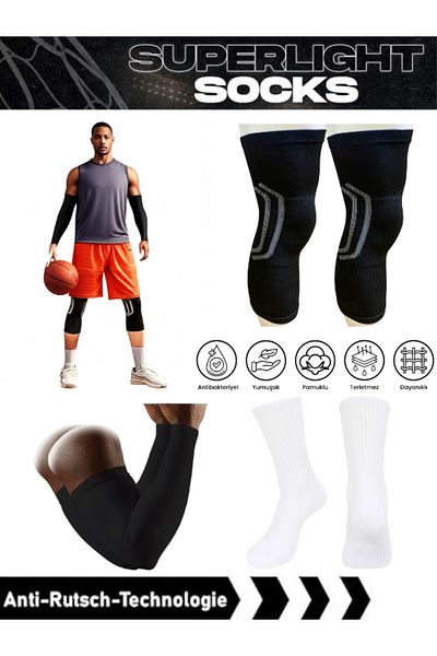 Bellanora Set of 6 Basketball Knee Pads + Anti-Slip Basketball Combed Cotton Sports Socks + Elbow Supported Basketball Sleeves