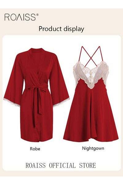 ROAISS Women Pajamas with V-Neck Design Women Home Wear Set Same Color Outer Robe Lace Element Nightgown