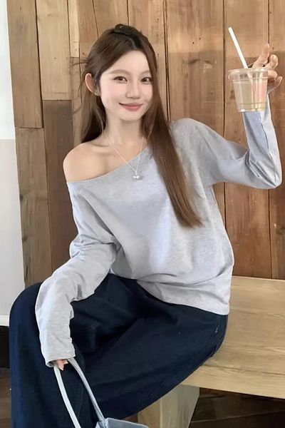 Tarz Cool Gray Women's Off Shoulder Boat Neck Oversize Long Sleeve T-Shirt