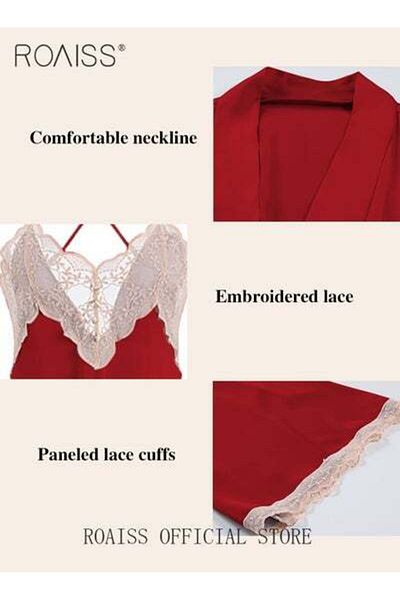 ROAISS Women Pajamas with V-Neck Design Women Home Wear Set Same Color Outer Robe Lace Element Nightgown