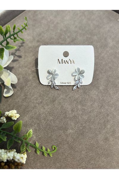 VİYA Silver Flower Motif Leaf Steel Earrings