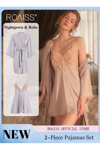 ROAISS Women Pajamas with V-Neck Design Women Home Wear Set Same Color Outer Robe Lace Element Nightgown