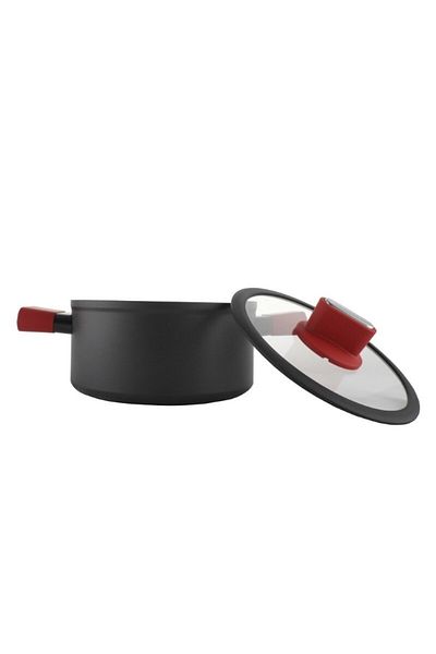 gogiva Saucepan, aluminum, non-stick, black, with glass lid and red silicone-wrapped handles, 3l, 21 cm
