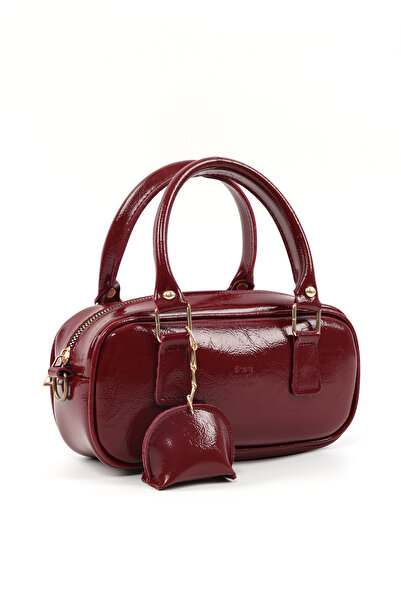 SHAKA Kırışık Dokulu Cherry Bordo Shk207 Suni Deri Charm Detaylı Fermuarlı El, Kol ve Omuz Çantası