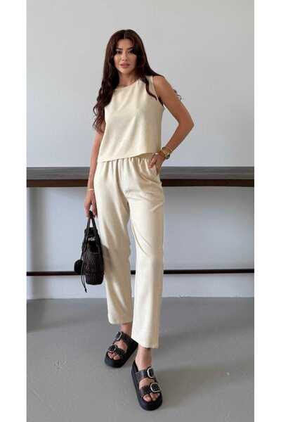 mor butik Purple Boutique Women Ecru Design Double Set Arya01001