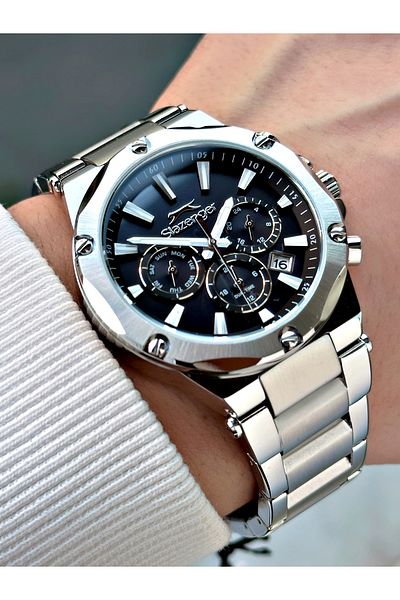 Slazenger 10 Atm Waterproofness Silver-Black Color Steel Cord Steel Case Men Wristwatch 2501.02Mr