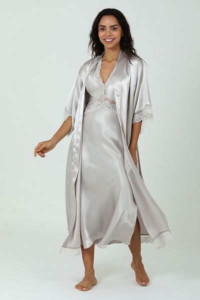 Bondy Backless Dowry Romantic Long Slit Satin Nightgown Dressing Gown Set Premium Series Mink