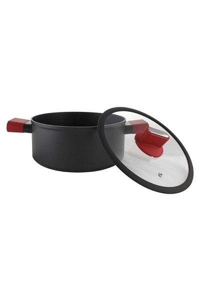 gogiva Saucepan, aluminum, non-stick, black, with glass lid and red silicone-wrapped handles, 5L, 25 cm