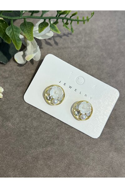 VİYA Minimal Flower and Pearl Detailed Steel Earrings