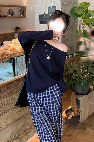 Tarz Cool Navy Blue Women's Off Shoulder Boat Neck Oversize Long Sleeve T-Shirt