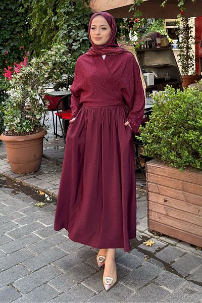 Ovn. Kimono Skirt Set with Stones - Claret Red