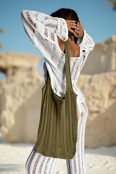 AQE FASHION Γυναικεία πλεκτά καθημερινά πλεκτά με μοτίβο κυμάτων Τσάντα παραλίας χακί 40x36