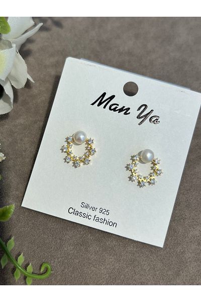 VİYA Gold Minimal Zircon and Pearl Stone Star Motif Steel Earrings