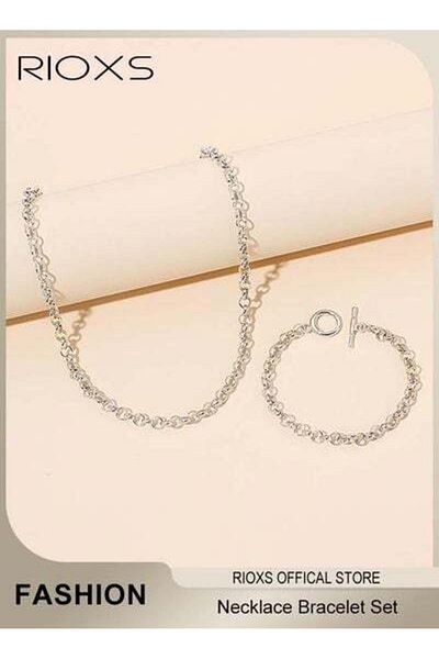 RIOXS Men Link Chain Jewellery Set Silver Plated OT Buckle Necklace Bracelet Set Fashion Party Accessories