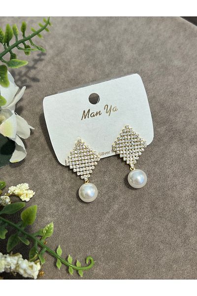 VİYA Gold Pearl and Zircon Stone Quadrilateral Steel Earrings