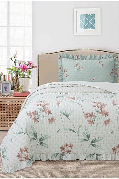 Bikaya Home طقم مفرش سرير مفرد منقوش بكشكشة - 180x240 سم