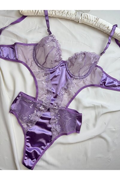 ROZENİN LINGERIE Lila Dantelli Çiçek Işlemeli Saten Detaylı Transpara Bodysuit