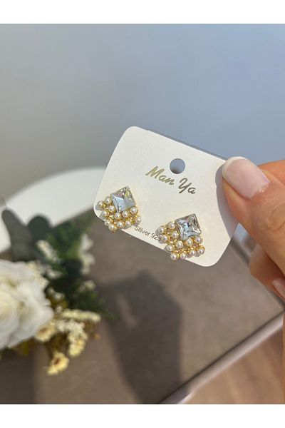 VİYA Gold Pearl and Zircon Stone Quadrilateral Steel Earrings