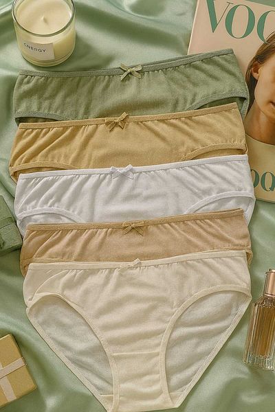 hepimiz alalım Women's 5-Piece Cotton Panties Set - Skin, Beige, White, Cream, Green - Daily Comfortable Seamless Slip