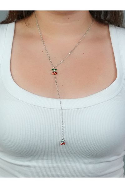Sumen Butik Y Necklace Cherry Figured Silver and Gold Color Steel