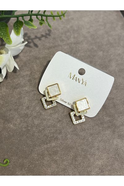 VİYA Gold Pearl and Zircon Stone Quadrilateral Steel Earrings