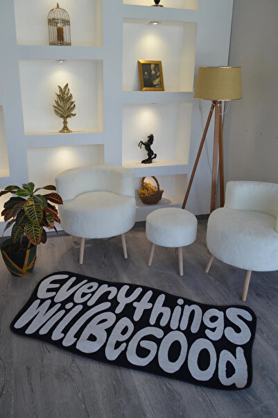 Halımax Modern Siyah Beyaz Yazı Detaylı Asimetrik Dokuma Taban Modern Dekorat...