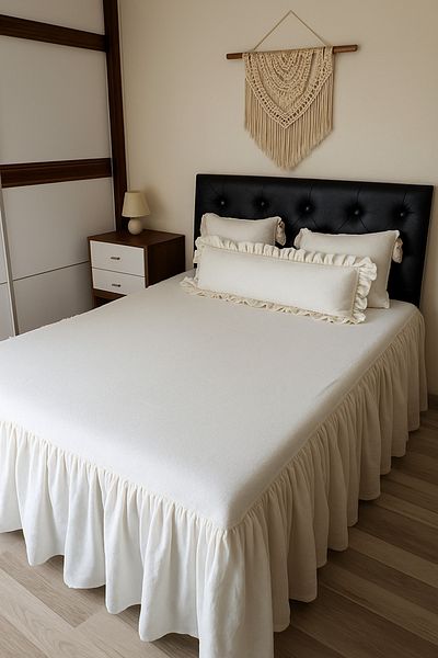 Kubrahobi Dowry Handmade 190 X 200 Bedspread with Fluff 3 Pillow Sets Ecru Color Cotton Fabric