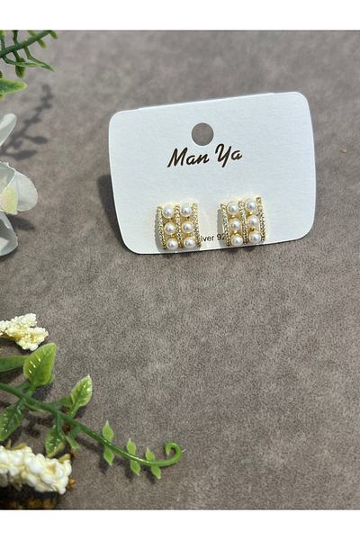 VİYA Gold Pearl and Zircon Stone Quadrilateral Steel Earrings
