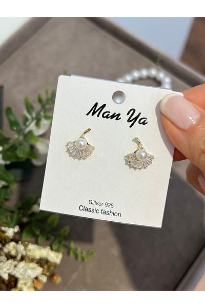 VİYA Gold Minimal Pearl and Zircon Stone Steel Earrings