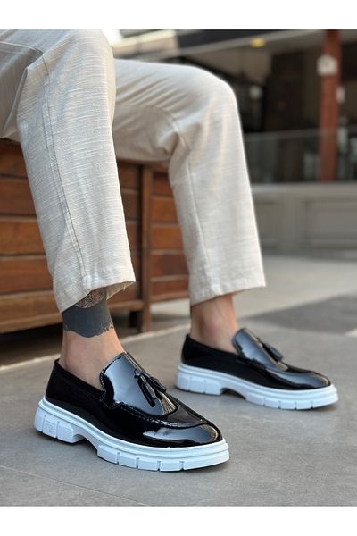 pabucmarketi Tasseled Men's Casual Shoes Black Patent Leather (White Sole)
