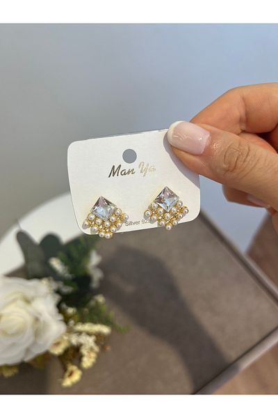 VİYA Gold Pearl and Zircon Stone Quadrilateral Steel Earrings