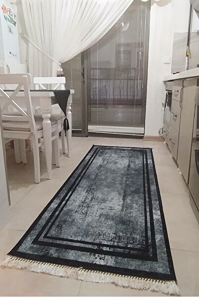 CENTER AVM Siyah Gri Halı Leke Tutmaz Makinede Yıkanabilir Kaymaz Taban Mutfa...