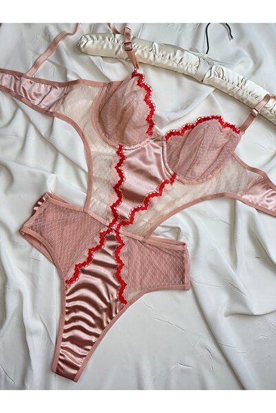 ROZENİN LINGERIE Pudra Transparan Dantel Çiçek Işlemeli Saten Detaylı Bodysuit
