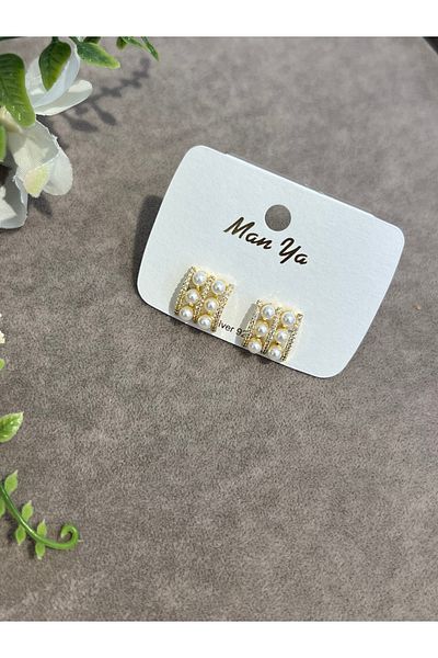 VİYA Gold Pearl and Zircon Stone Quadrilateral Steel Earrings