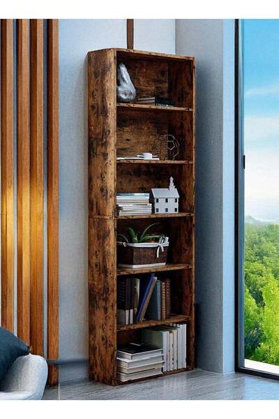 AGD A wooden cabinet with 6 shelves in a simple, modern design; open shelves ...
