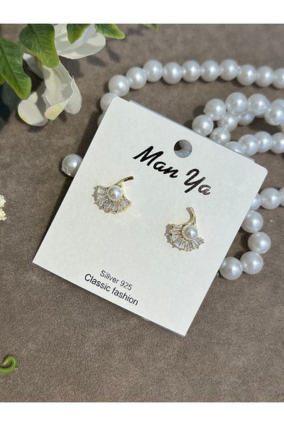 VİYA Gold Minimal Pearl and Zircon Stone Steel Earrings