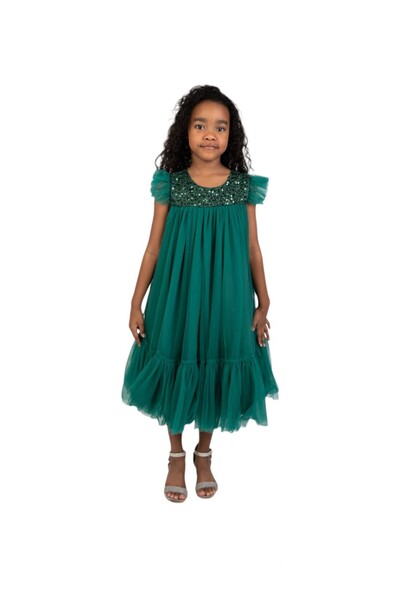 ddaniela فستان حفلات أخضر داكن مزين بالترتر اللامع