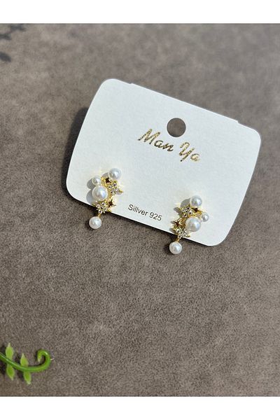 VİYA Gold Minimal Zircon and Pearl Stone Star Motif Steel Earrings