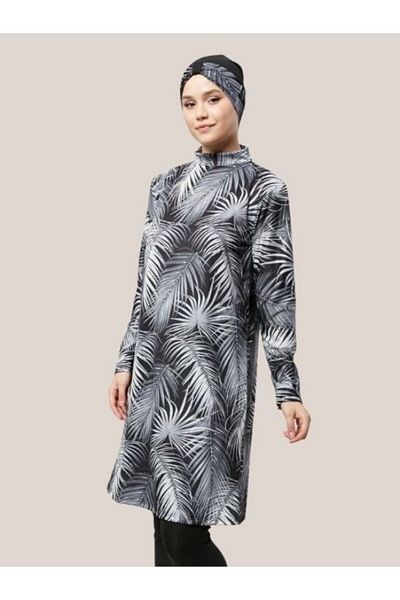 Fitsauna Πλήρως κλειστό απωθητικό νερού Quick Dry Hijab Μαγιό Μαύρο Λευκό Palm Model 1013