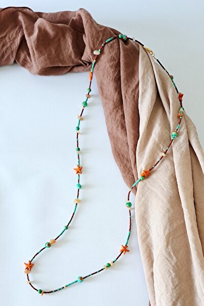 AYS TASARIM Doğal Taşlı Kahve Yeşil Turuncu Renkli Boncuk Kolye