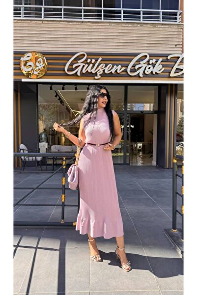 Gülşen Gök Butik Piliseli Kemerli Midi Boy Elbise Pudra