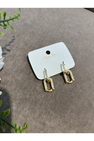 VİYA Gold Two Ring Zircon Stone Steel Earrings