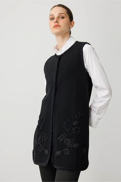 Desen Triko Women's O-Neck Floral Long Wool Vest Black