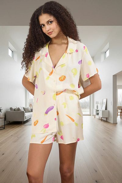 PayBuy Women's Vegetable Patterned Viscose Pajama Set Summer Comfortable Shorts and Stylish Trend Design Perfect Fit